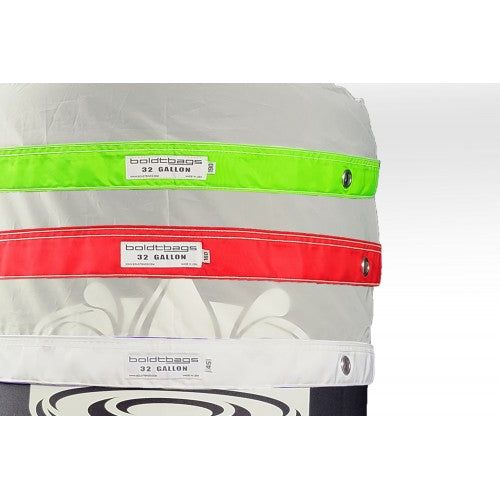 Three boldtbags 32-gallon mesh bags in green, red, and white stacked together.
