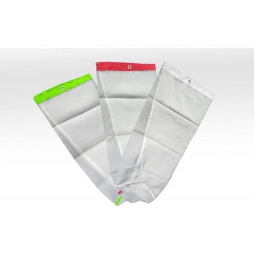Three mesh bags, each with a colored top (green, red, white) on a white background.