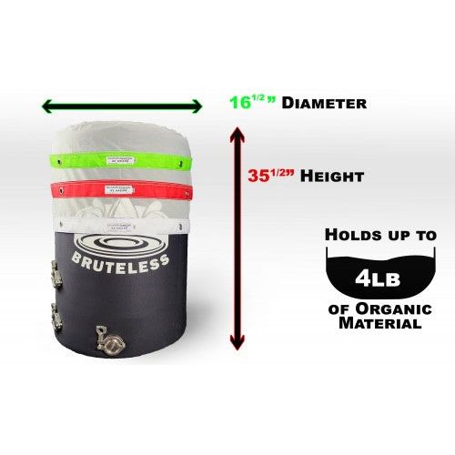 Boldtbags 32-gallon compost bin with dimensions and capacity: 16.5" diameter, 35.5" height, holds 4lb organic material.