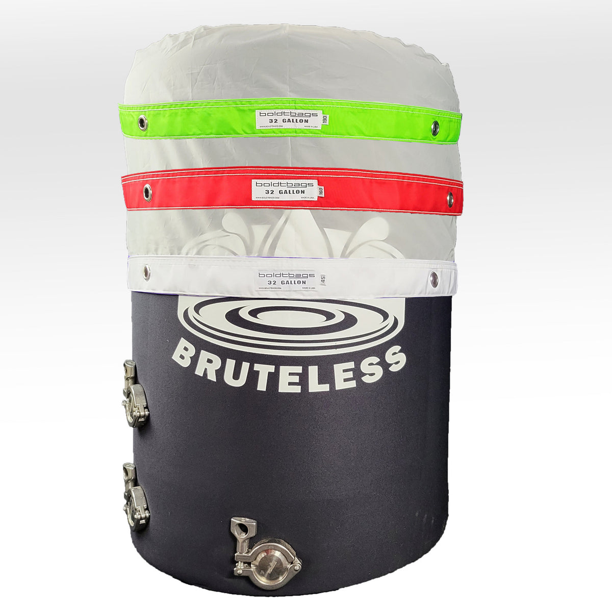 Boldtbags 32-gallon mesh bag kit with green, red, and white straps and a branded Brute tank.