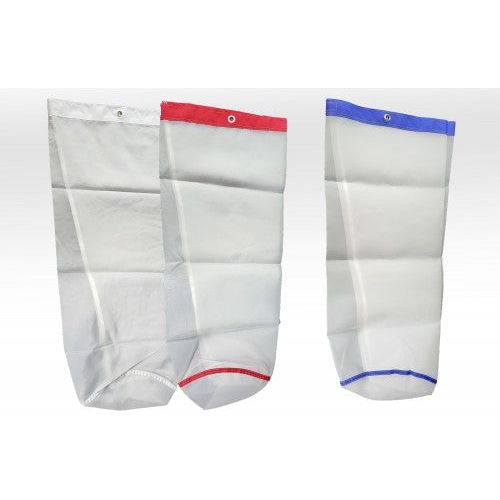 Three white mesh laundry bags with colored tops and bottoms, on a white background.