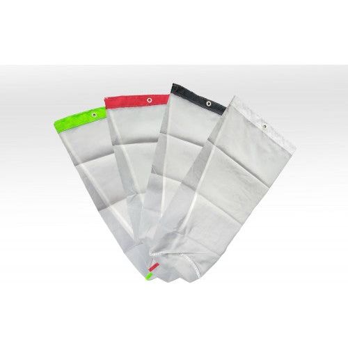 Four white mesh bags with colored tops (green, red, black, white) fan out against a white background.