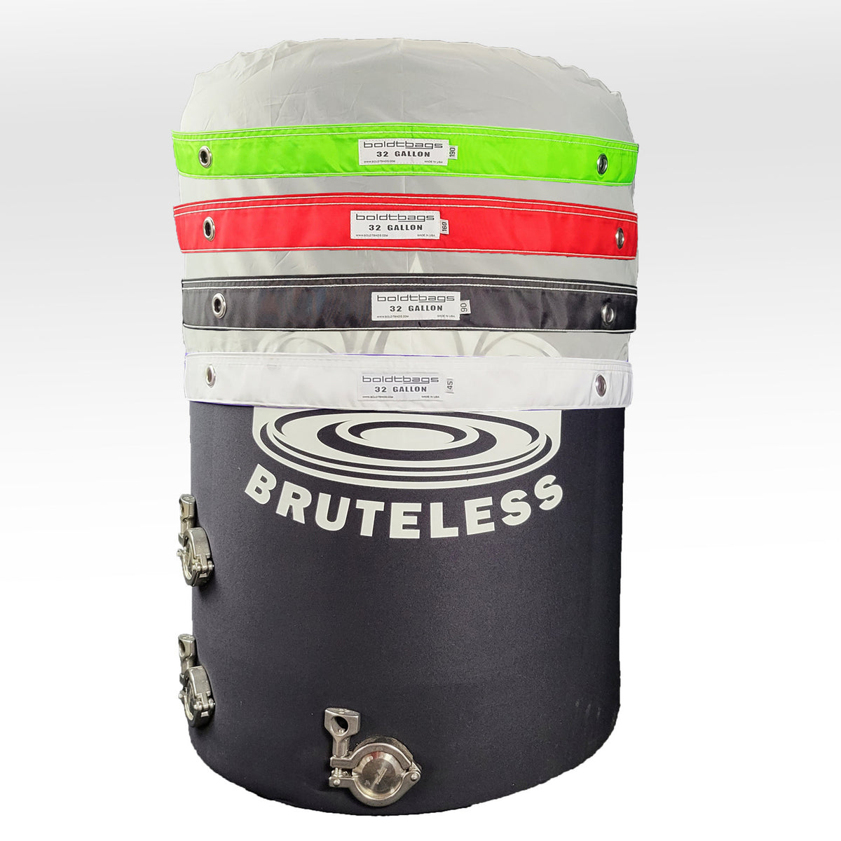 Boldtbags 32 gallon mesh bag kit in multiple colors with "BRUTELESS" logo.