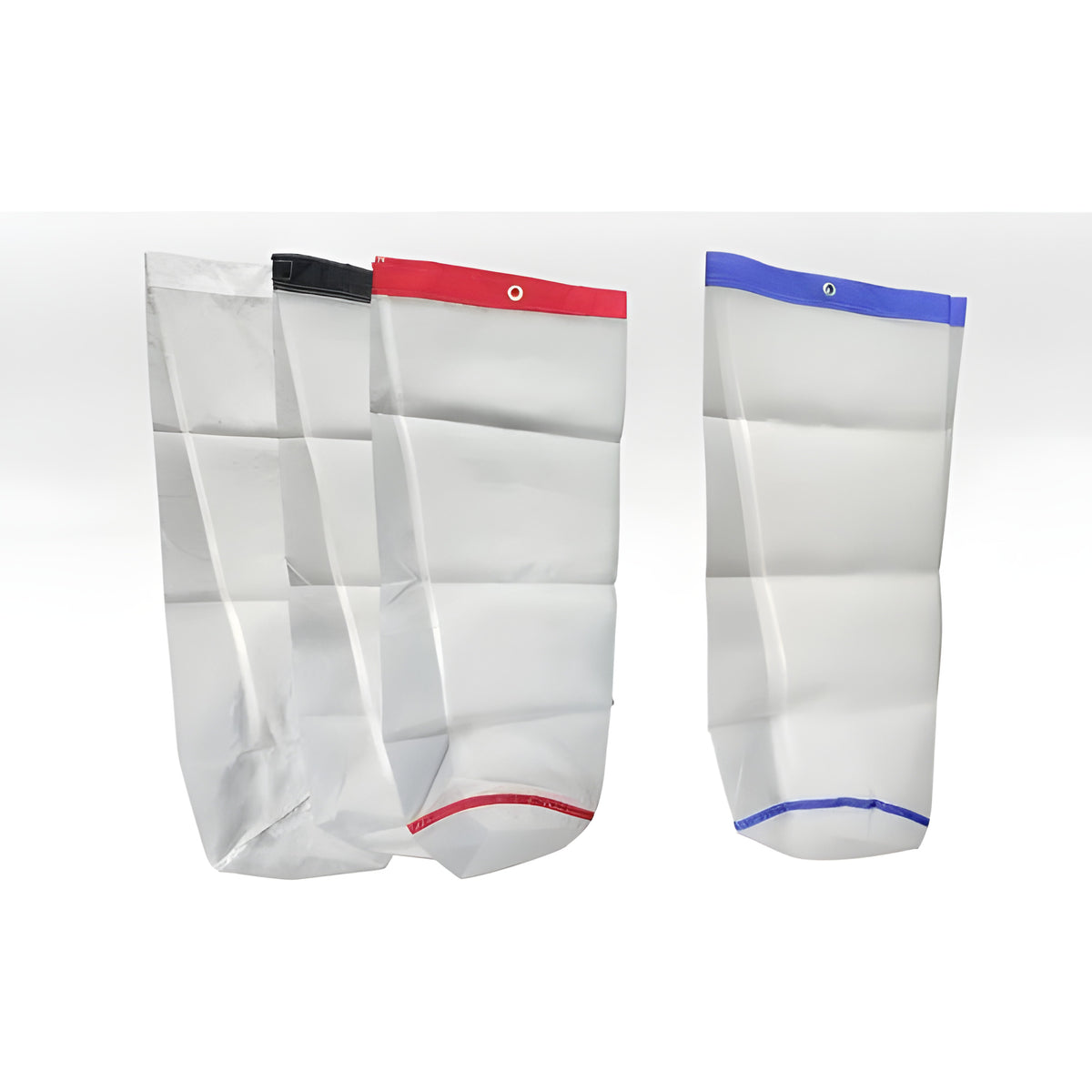 White mesh laundry bags with colored rims (black, red, blue) are shown.