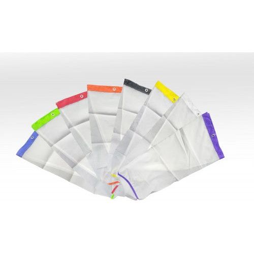 Fan of white mesh bags with colored tops: blue, green, red, orange, black, yellow, purple.