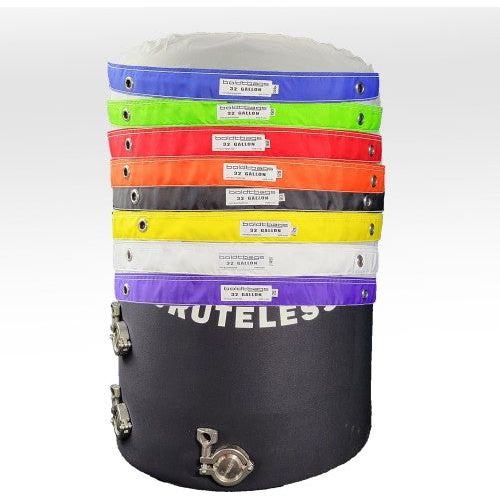 Stack of 8 colorful 32-gallon mesh bags with metal clasps and fittings on a black base.