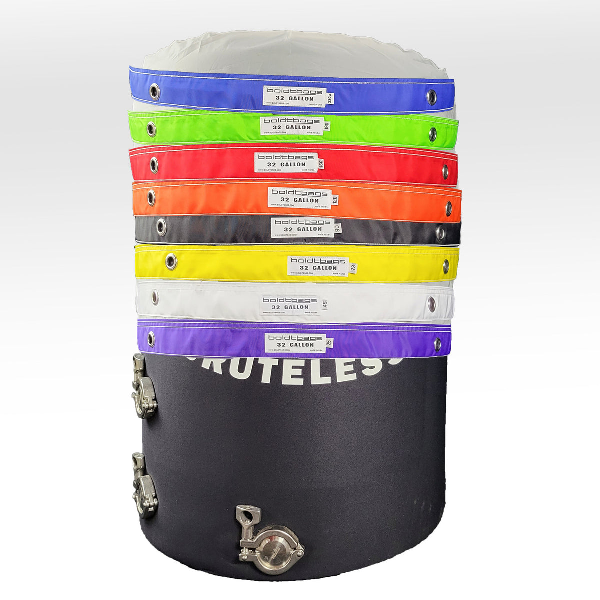 Stack of 8 colorful 32-gallon mesh bags with metal clasps and fittings on a black base.