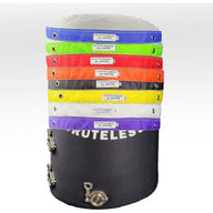 Stack of 8 colorful 32-gallon mesh bags with metal clasps and fittings on a black base.