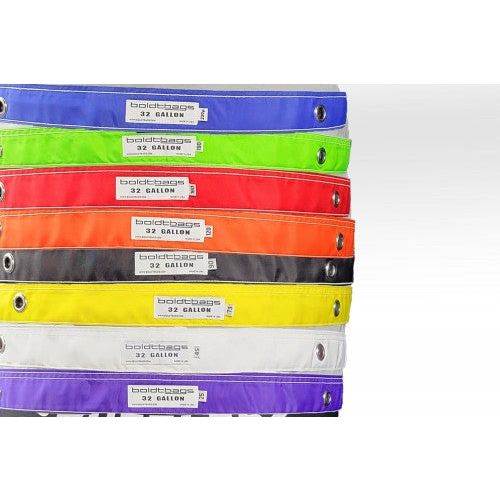 Stack of colorful boldtbags, each labeled "32 GALLON."