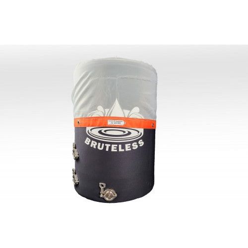 A large, dark gray, cylindrical bag with a white lid. The bag has the "BRUTELESS" logo in white and an orange band around the top.