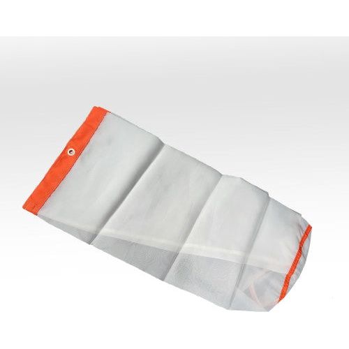 White mesh bag with orange trim and grommets, angled on white background.