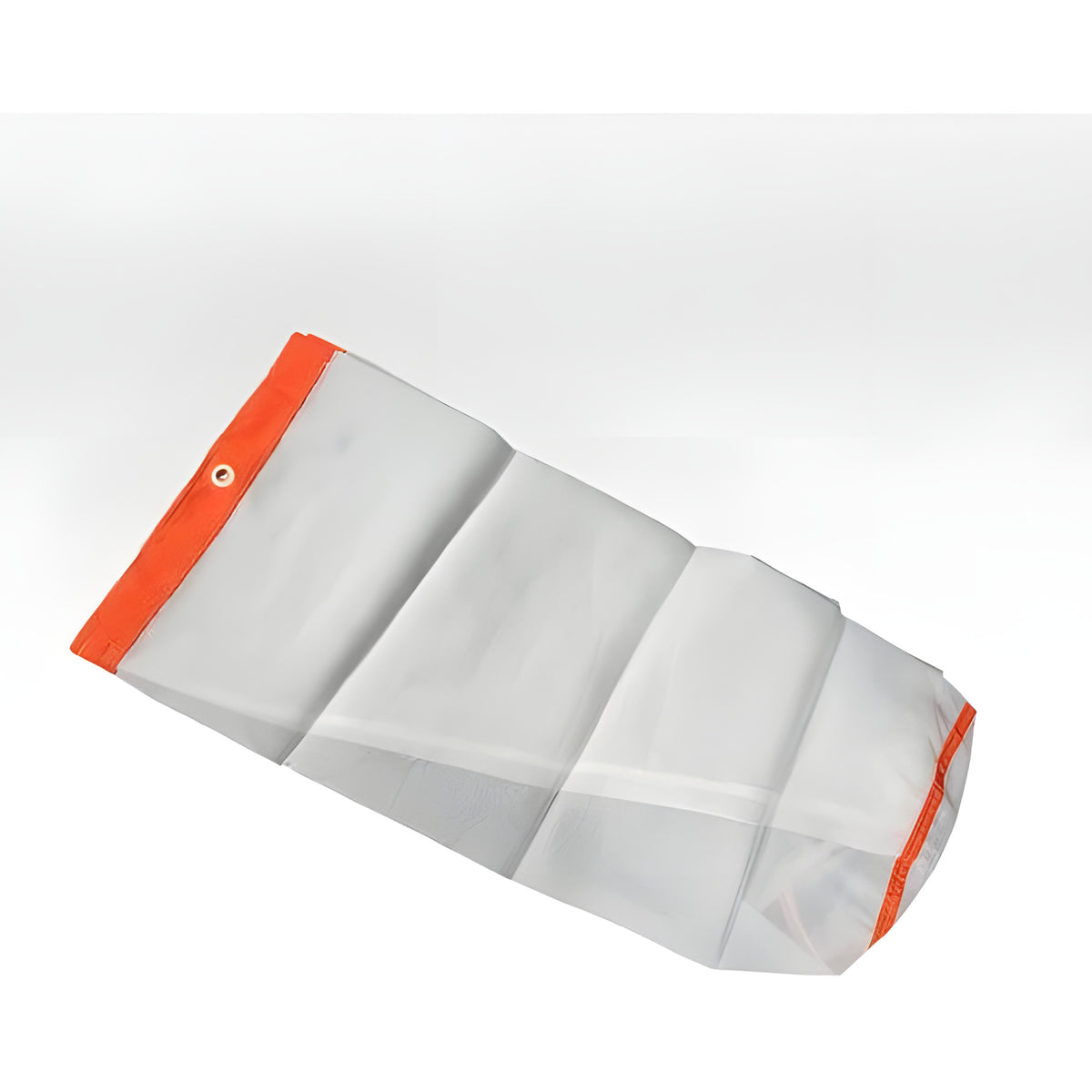 White mesh bag with orange trim and grommets, angled on white background.