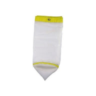 White mesh bag with yellow trim and a pointed bottom, on a white background.