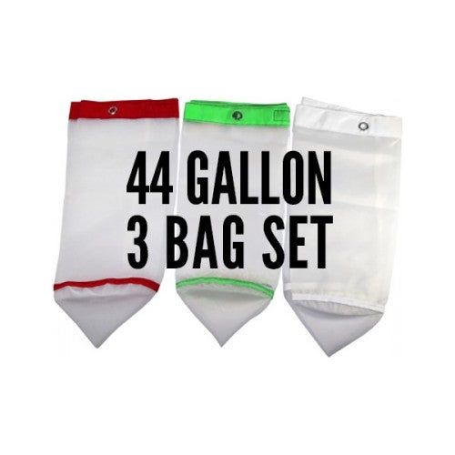White mesh bags with red, green, and white trim, labeled "44 GALLON 3 BAG SET."