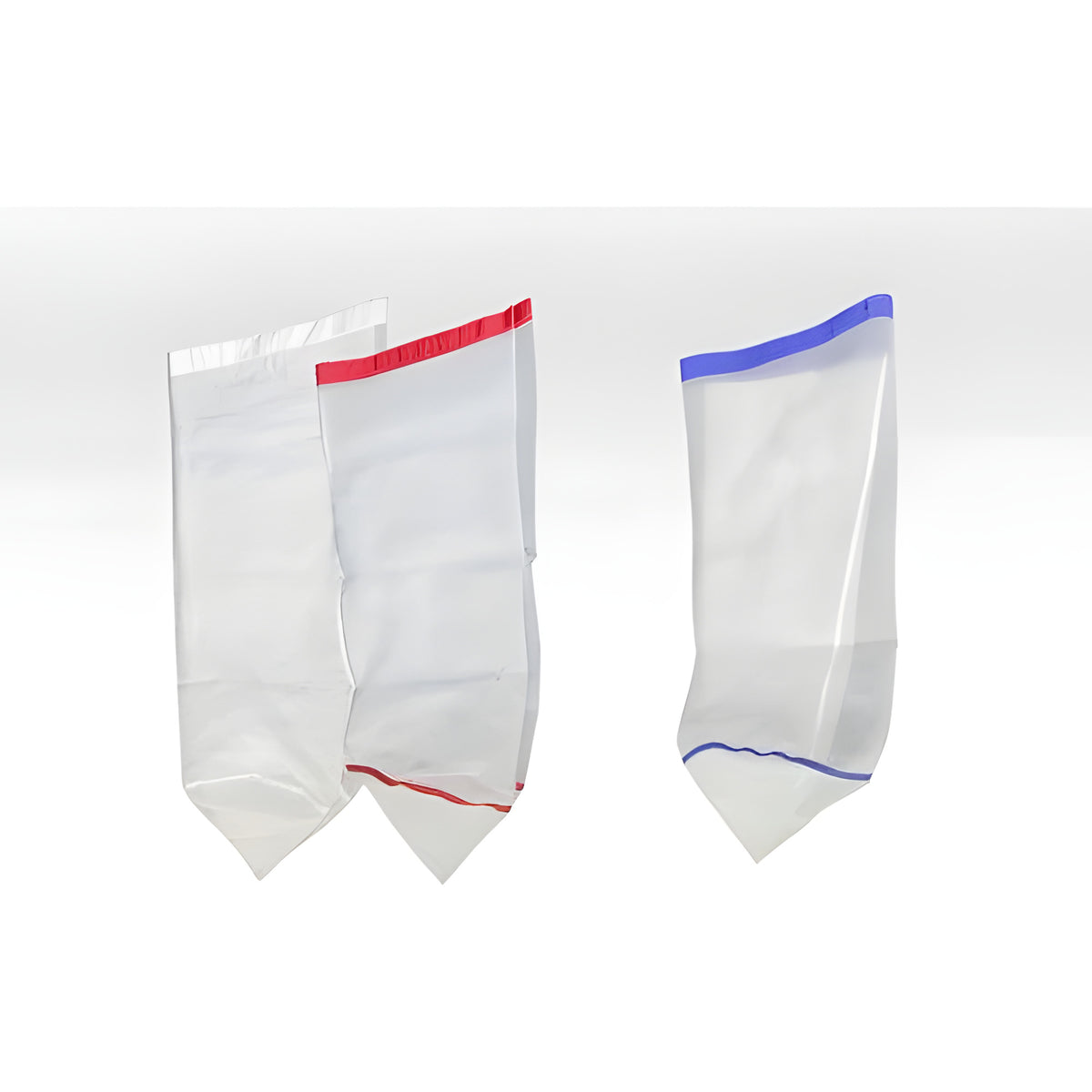 Two white mesh bags with red trim and one with blue trim, displayed against a white background.