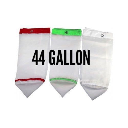 3 white mesh bags with colored tops (red, green, white) labeled "44 GALLON".