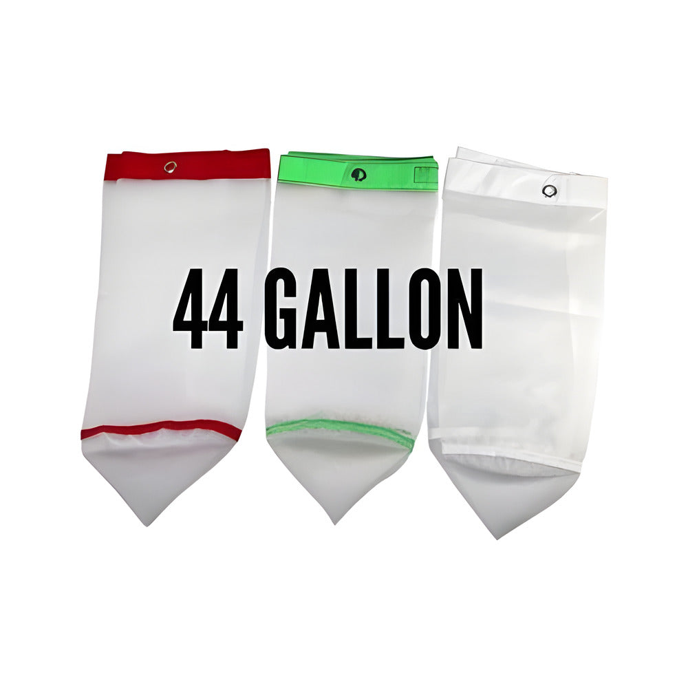 3 white mesh bags with colored tops (red, green, white) labeled "44 GALLON".