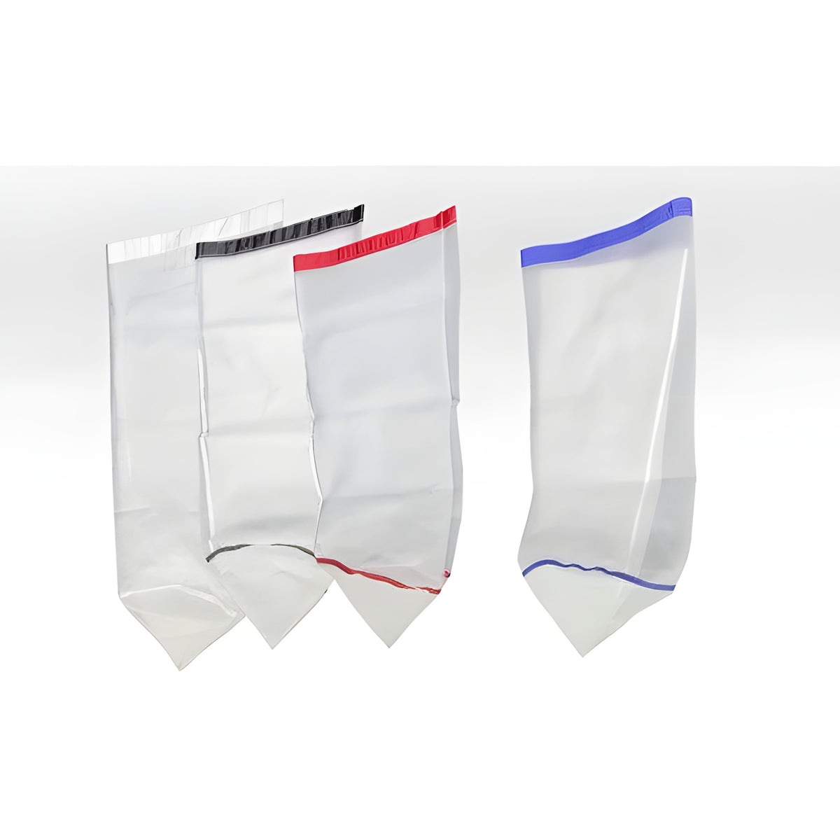 Four white mesh bags with colored tops (white, black, red, blue) arranged in a row on a white background.