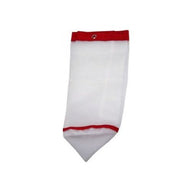 White mesh bag with red trim, hanging from a grommet.