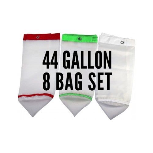 Three white mesh bags, one with red trim and one with green trim, arranged against a white background. Text reads "44 GALLON 8 BAG SET".