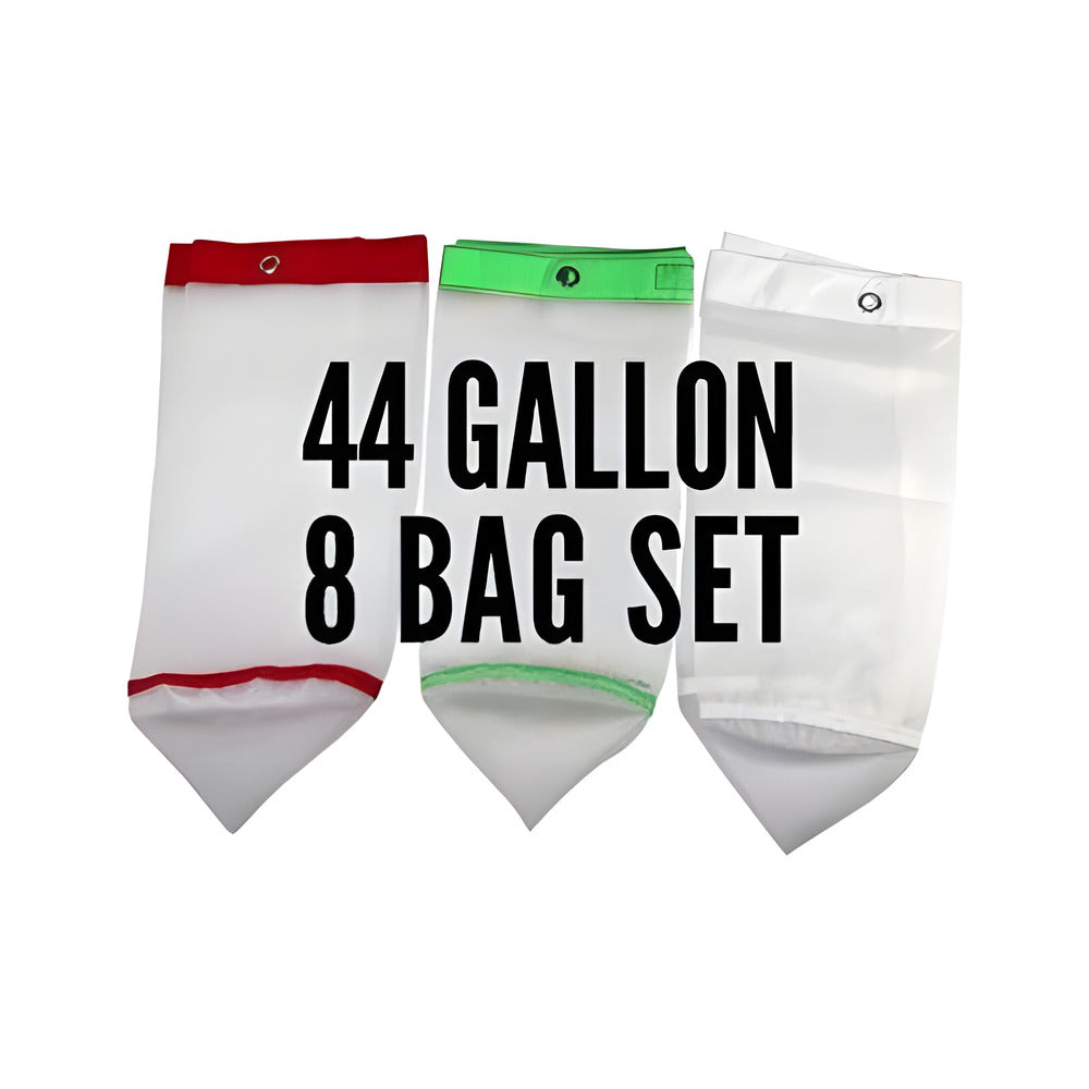 Three white mesh bags, one with red trim and one with green trim, arranged against a white background. Text reads "44 GALLON 8 BAG SET".