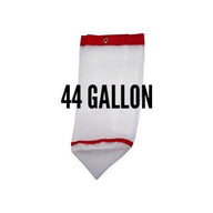 White mesh bag with red trim, labeled 