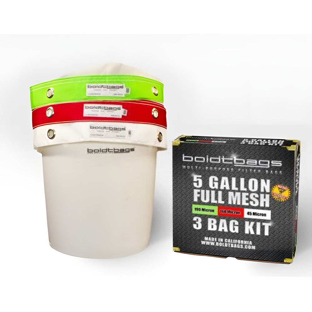 BoldtBags 5-gallon full mesh 3-bag kit with filter bags and bucket.