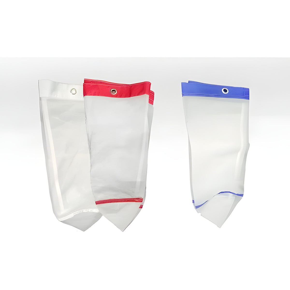 Mesh bags with red and blue trim, white background.