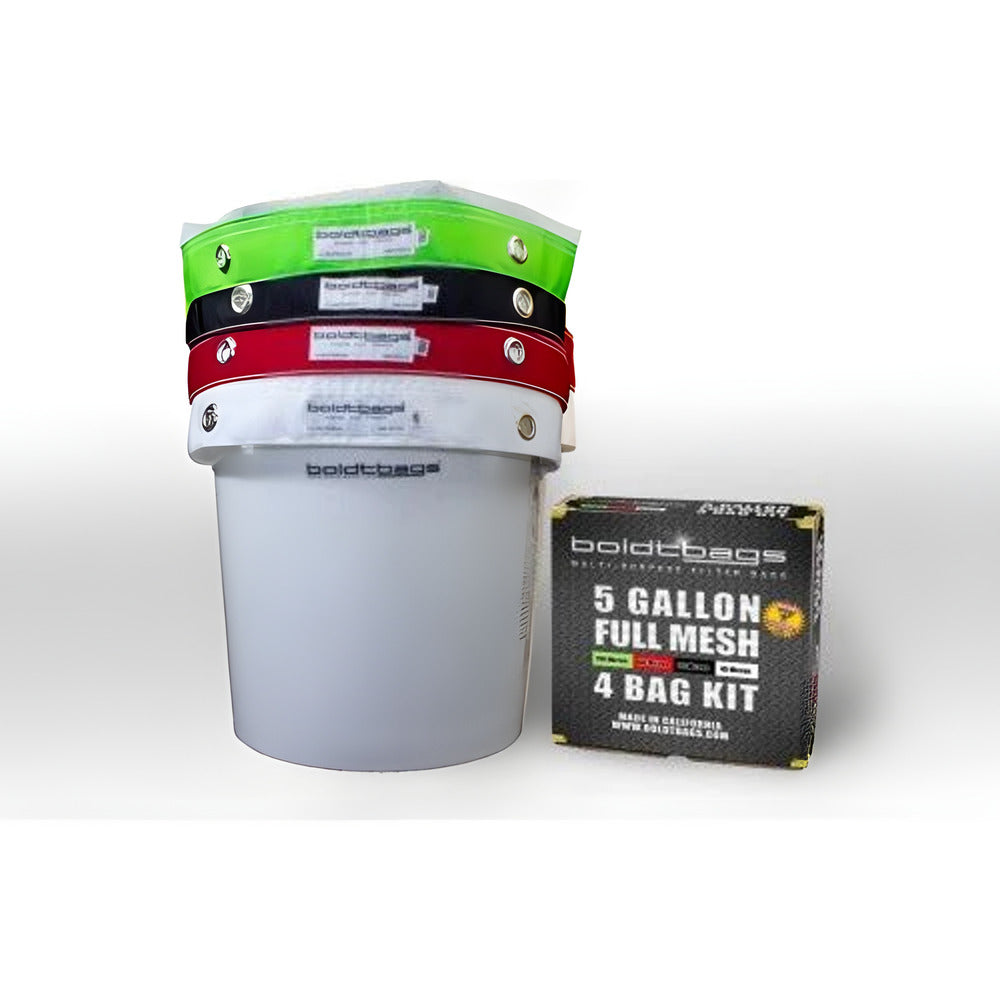 Boldtbags 5-gallon full mesh 4-bag kit with stacked filter bags in a bucket.