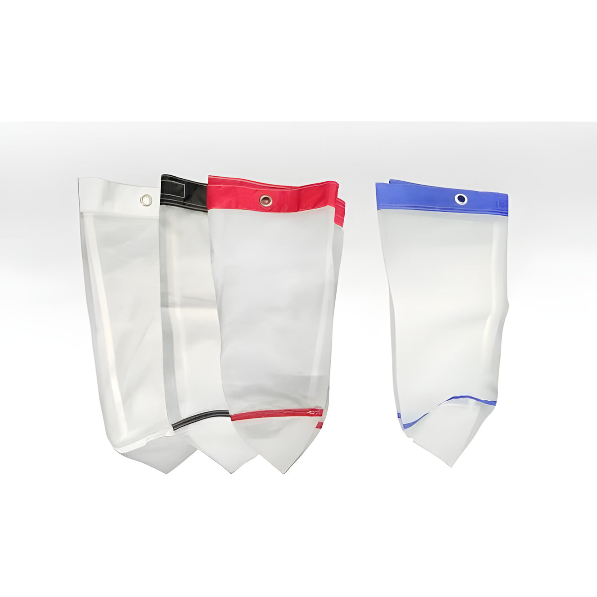 Four mesh bags in white, black, red, and blue with reinforced eyelets.