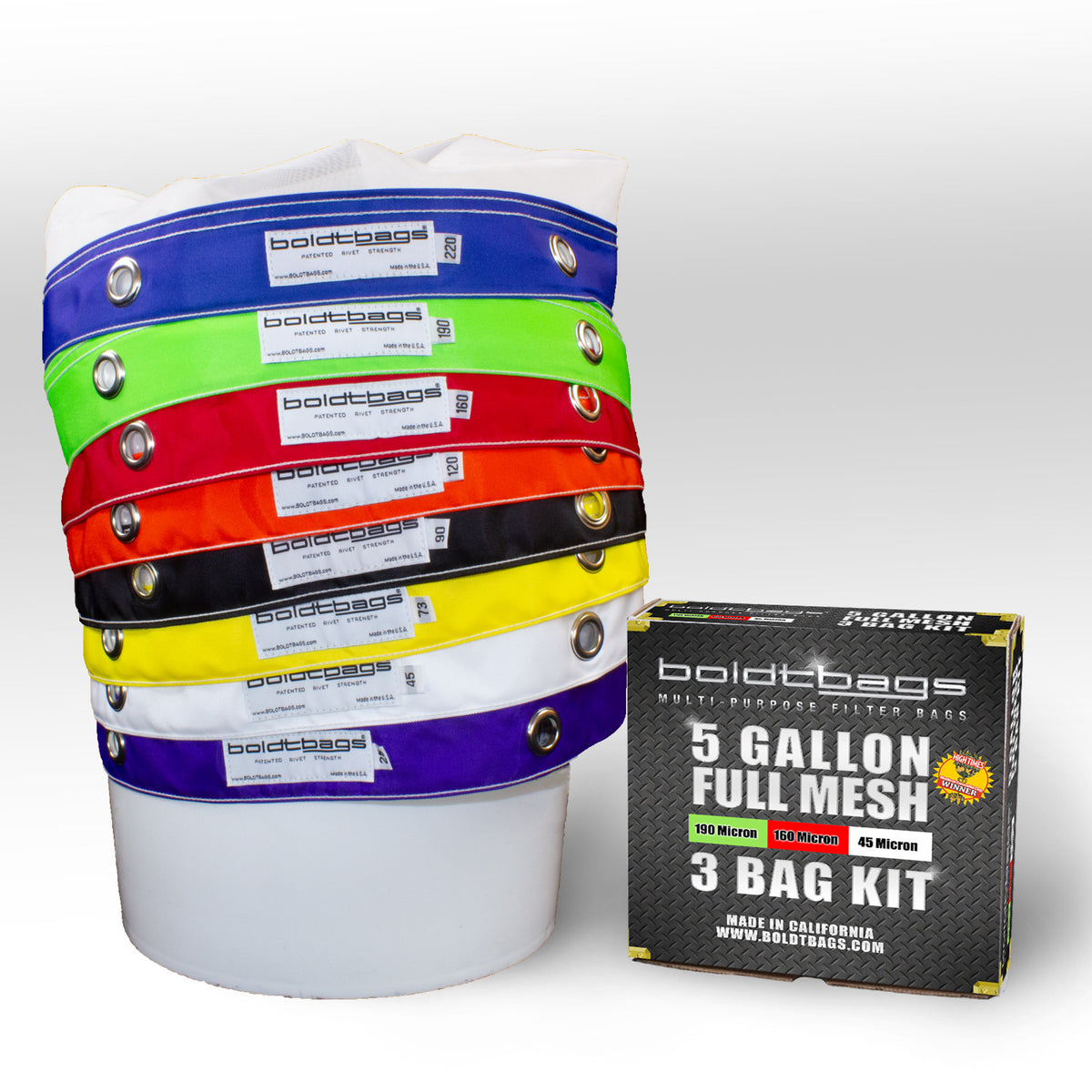 Boldtbags 5-gallon full mesh filter bags and 3-bag kit with colored bands.