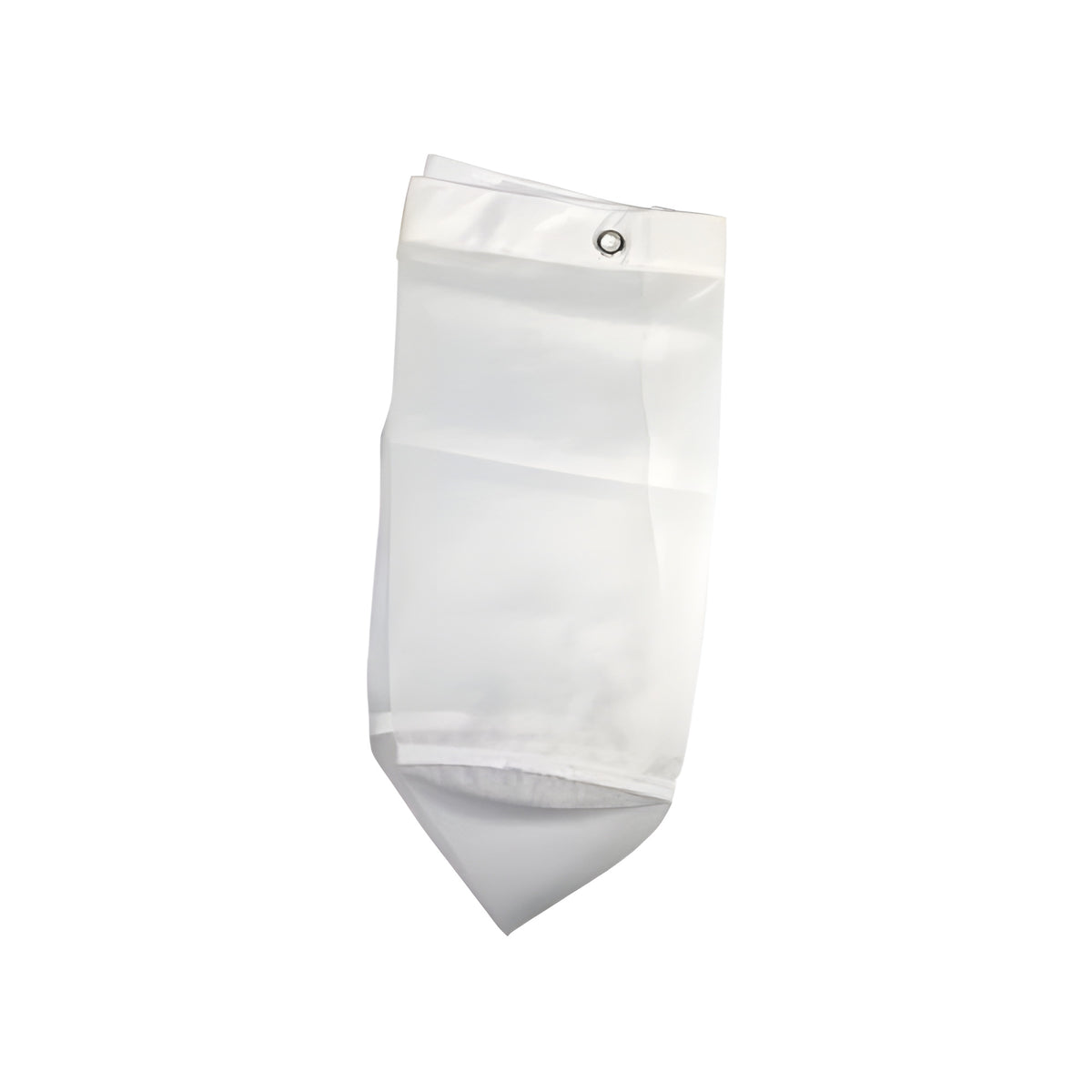 White mesh bag with metal grommet at top and pointed bottom, on white background.