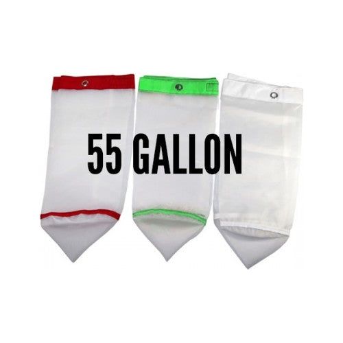 Three white mesh bags labeled "55 GALLON" with red, green, and white trim.