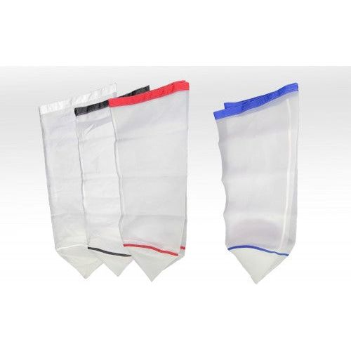 Set of four mesh bags with colored tops: white, black, red, and blue.