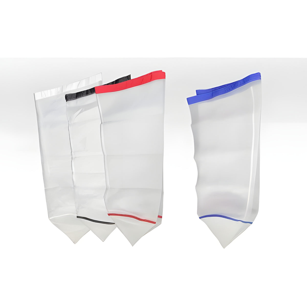 Set of four mesh bags with colored tops: white, black, red, and blue.