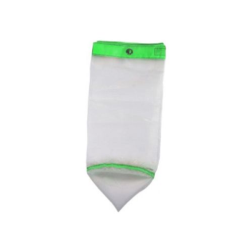 White mesh bag with green trim and drawstring closure, isolated on white background.