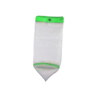 White mesh bag with green trim and drawstring closure, isolated on white background.