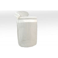 A large, white mesh laundry bag with a lid and two white stripes.