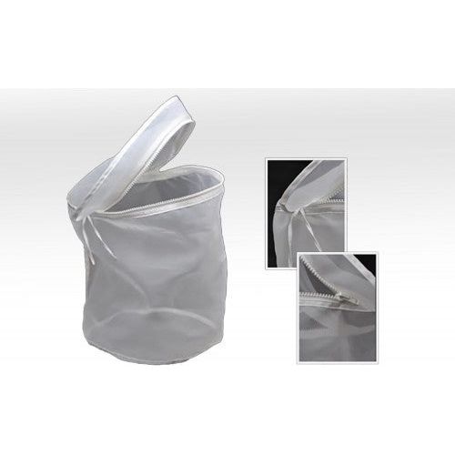 White mesh laundry bag with zipper closure and drawstring.