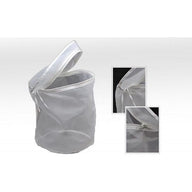 White mesh laundry bag with zipper closure and drawstring.