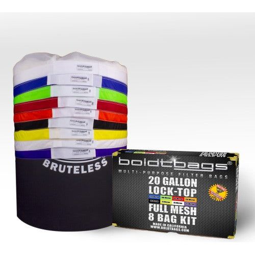 Stack of colorful Boldtbags mesh filter bags and a "20 Gallon Lock-Top Full Mesh 8 Bag Kit" box.