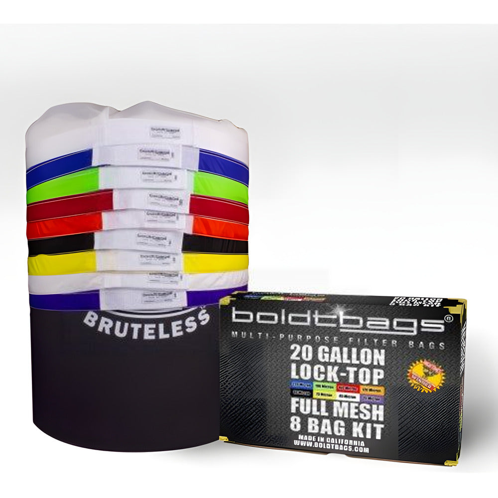Stack of colorful Boldtbags mesh filter bags and a "20 Gallon Lock-Top Full Mesh 8 Bag Kit" box.