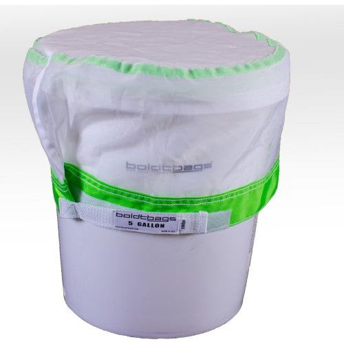 White mesh bag with green trim on a white bucket, branded "boldtbags 5 GALLON".