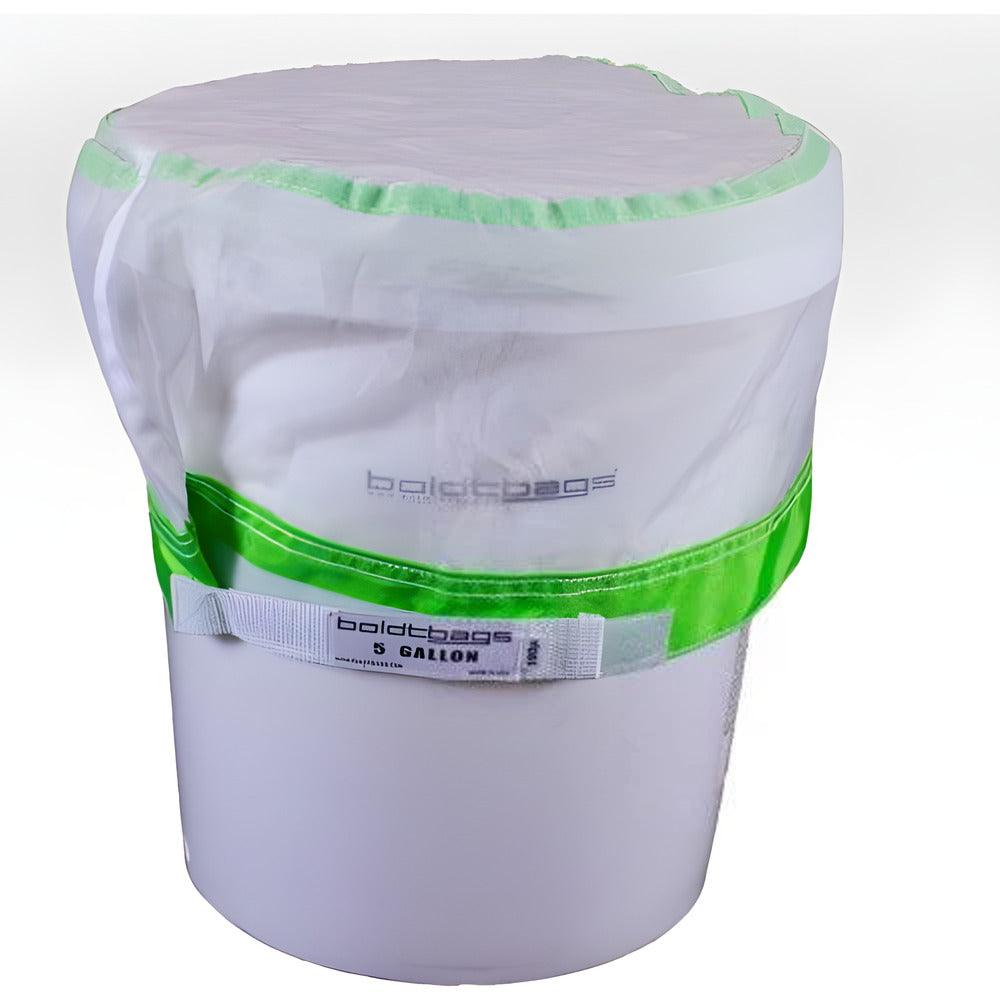 White mesh bag with green trim on a white bucket, branded "boldtbags 5 GALLON".