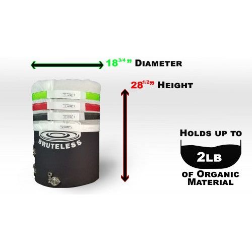 Stackable mesh hash bags with "Bruteless" logo, showing 18.75" diameter & 28.5" height, holding up to 2lb organic material.