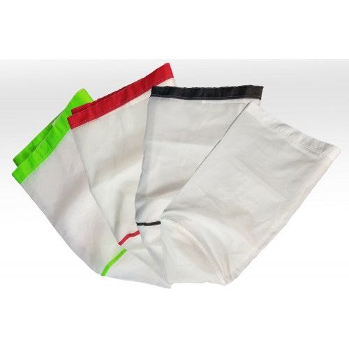 Mesh bags with colored tops in green, red, and black.