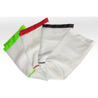 Mesh bags with colored tops in green, red, and black.
