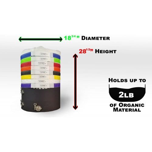 Boldtbags stacker kit with dimensions and "holds up to 2lb of organic material" text.