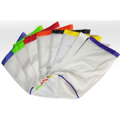 White mesh stacker bags fanned out with colored seams: blue, green, red, orange, black, yellow, purple.