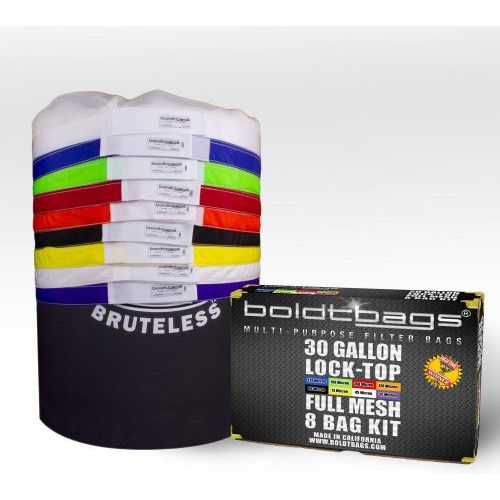 Boldtbags stack of colored lock-top filter bags and box of 8 bag kit